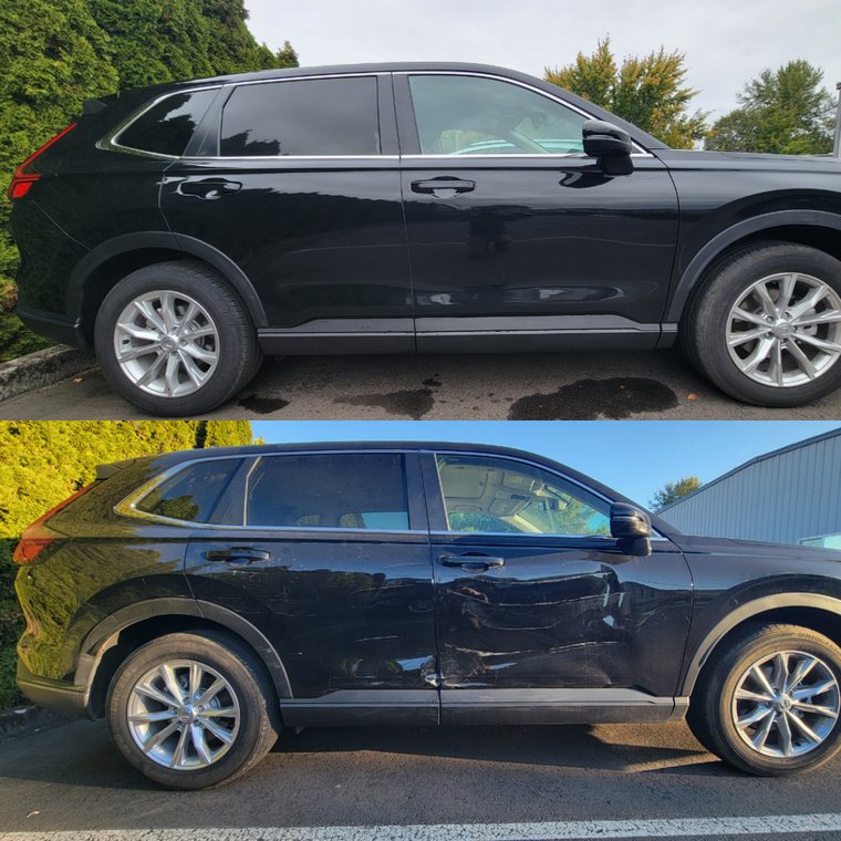 Honda CR-V before and after collision repair at Carheart Auto Tech & Collision in Hillsboro, OR β Rear quarter panel & bumper