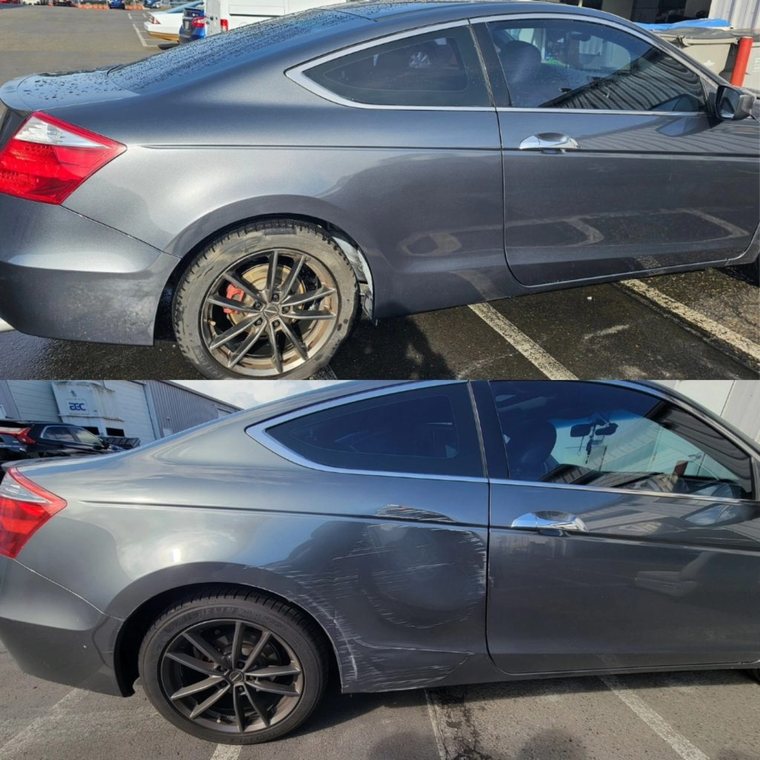 Honda Accord Coupe before and after collision repair at Carheart Auto Tech & Collision in Hillsboro, OR β Side impact body repair