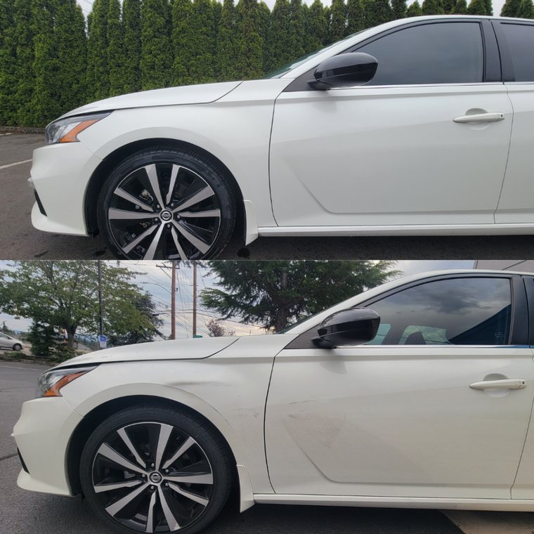 Nissan Altima before and after collision repair at Carheart Auto Tech & Collision in Hillsboro, OR β Full side panel refinish