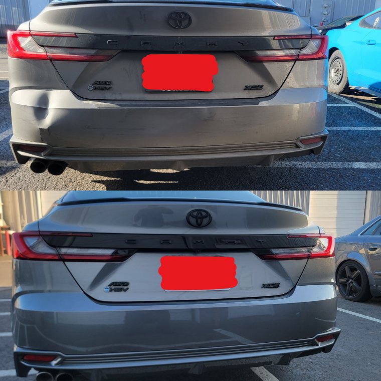 Toyota Camry before and after collision repair at Carheart Auto Tech & Collision in Hillsboro, OR β Rear end collision repair