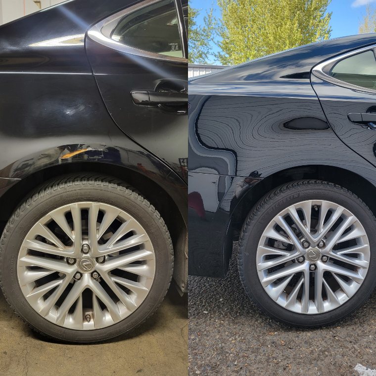 Lexus ES 350 before and after collision repair at Carheart Auto Tech & Collision in Hillsboro, OR β Rear door & wheel arch