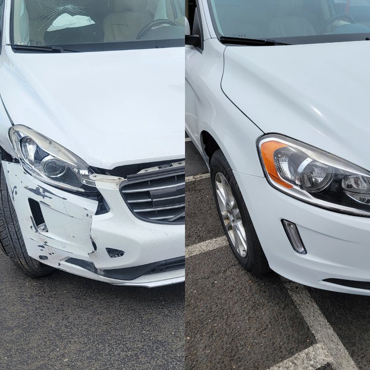 Volvo XC60 before and after collision repair at Carheart Auto Tech & Collision in Hillsboro, OR β Front end collision rebuild