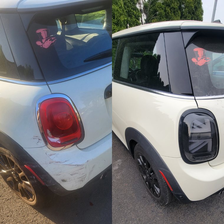 MINI Cooper before and after collision repair at Carheart Auto Tech & Collision in Hillsboro, OR β Rear panel & taillight