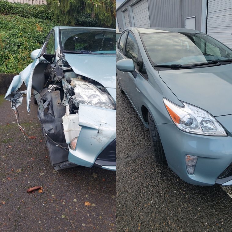 Toyota Prius before and after collision repair at Carheart Auto Tech & Collision in Hillsboro, OR β Major front end restoration