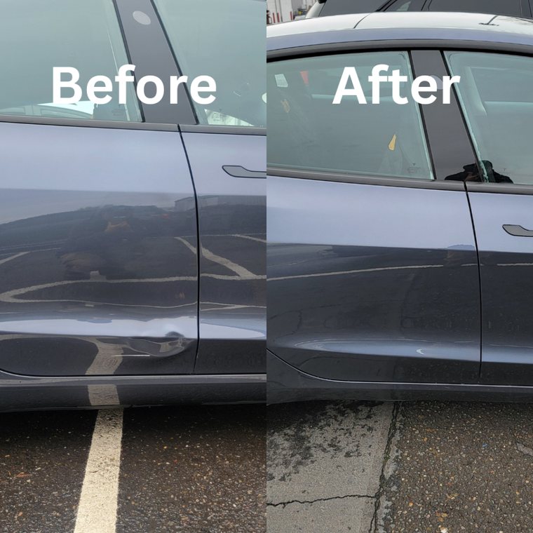 Sedan Door Panel before and after collision repair at Carheart Auto Tech & Collision in Hillsboro, OR β Dent removal & paint blend