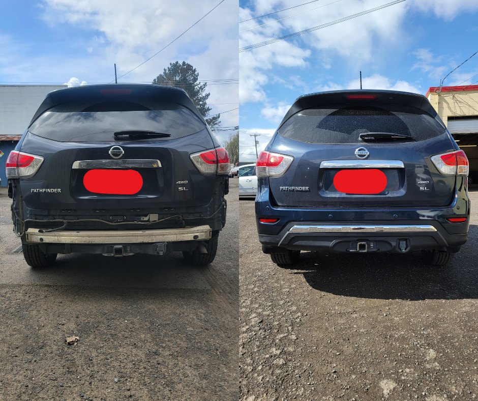 2016 Nissan Pathfinder before and after collision repair at Carheart Auto Tech & Collision in Hillsboro, OR — Rear bumper collision repair